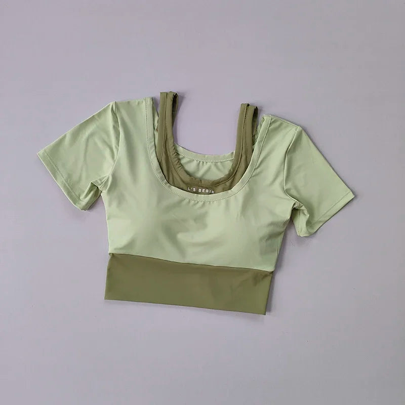 Fake two-piece sports short sleeved women's summer breathable fitness top with bra, fast drying tight short dance yoga clothes